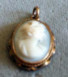 Vintage antique estate 10k gold carved Hard stone cameo pendant pale blue