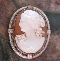 Vintage Classic circa 1920 Superiorly carved shell cameo. Marked 14K White Gold filigree Brooch/Pendant.