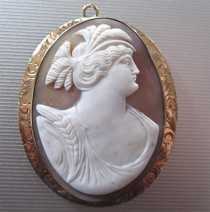 Circa 1880-1890 Victorian Antique Ceres Goddess shell cameo Huge Marked 10K Yellow Gold etched Brooch/Pendant