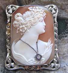 Great quality shell with diamond necklace carved circa 1925 Art Deco marked filigree 14K White Gold Brooch/Pendant.