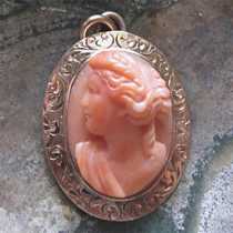 Great Quality Roman Goddess Ceres Salmon Coral stone carving Marked 10K Yellow Gold circa 1910 Pendant