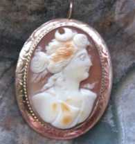Goddess of Hunting Diana well carved 3 colors Carnelian shell Classic Marked 14K Yellow Gold Pin etched Brooch/Pendant. Circa 1890