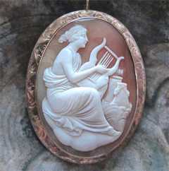 Amazing Museum Quality Carnelian Shell Woman Plying Lira, Marked 10K Yellow God Brooch/Pendant Circa 1915