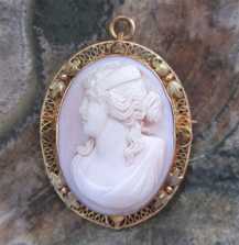 Great Victorian red & white Coral image of Psyche - Goddess of Soul Hallmarked 10K filigree Yellow Gold pendant/brooch circa 1890