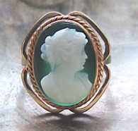 Ring Size 6.5 hand carved Green Agate Cameo Edwardian British Ring Marked Solid 14K Yellow Gold setting. Antique circa 1915