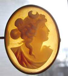 High relief well carved Art Nouveau shell Diana- goddess of Hunting Marked 10K Yellow Gold Cameo Brooch circa 1915