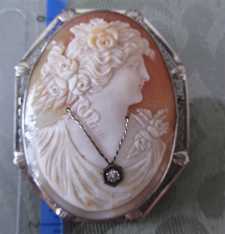 Big high quality shell with diamond necklace carved circa 1935 Art Deco marked filigree 14K White Gold Brooch/Pendant.