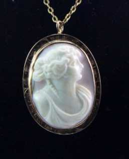 10K Solid Yellow Gold Cameo Brooch Pendant- Goddess Artemis. Early Edwardian.