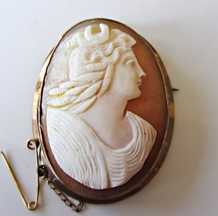 Big masterly carved shell image Goddess of Hunting Diana circa 1910 Marked 9K Yellow-Rose Gold Brooch/Pendant with safety chain
