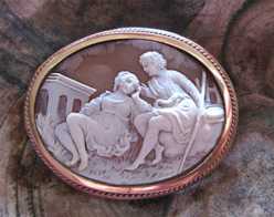 Carved Museum Quality huge shell - Pastoral Scene. Tested as 14K Yellow Gold brooch.
