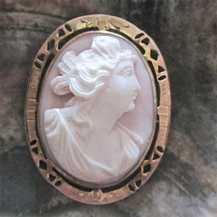 Art Deco carving shell Coral stone depict Psyche - Goddess of Soul Marked 10K Yellow Gold Brooch from the 1890-1910. Signed