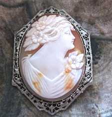 From 1930th carved very well Conch shell - portrait of woman Marked 10K White Gold filigree Brooch/Pendant.