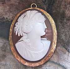 Intricate Antique Ceres Goddess Sardonyx shell cameo Circa 1890 10K Yellow Gold etched Brooch/Pendant