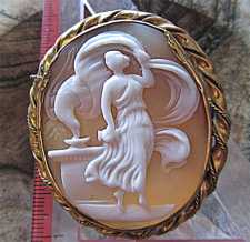 Antique Victorian shell circa 1840 - image of Hebe Goddess of Youth 9Ct Yellow Gold cased cameo brooch. Signed by the Artist