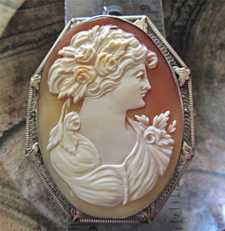 From the 1920th carved Museum Quality shell - portrait of woman Marked 14K White Gold filigree Brooch/Pendant.