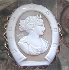 Carved Victorian Shell Cameo with Diana Goddess image Tested 10K Yellow Gold Horseshoe Brooch. Circa 1880