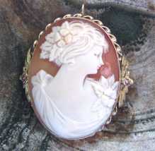 Greatly carved shell portrait of young woman from 1930th Marked 10K Yellow Gold etched bezel pendant.