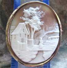Super detailed woman on the bridge scene Victorian shell circa 1885 Unmarked, tested as 10K or higher, Yellow Gold Brooch