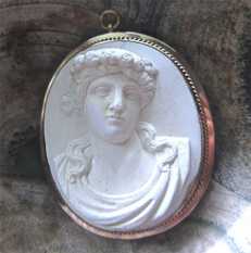 Italian carved circa 1875 light lava Classic Ancient Roman woman Museum Quality 14K Yellow Gold brooch/pendant