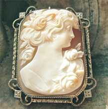 Great Quality Art Nouveau conch shell carving circa 1920th Marked Filigree 14K White Gold Brooch/Pendant. Signed