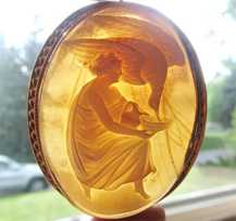 Antique Carved Shell depict Goddess Hebe feeds Zeus as a Eagle Marked 14K Yellow Gold brooch/pendant from the 1910th