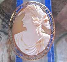 Circa 1905 Edwardian/Victorian shell, Roman Goddess Ceres Hallmark faded but tested solid 10K (at least), Yellow Gold brooch.