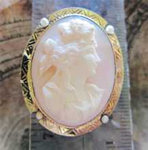Great Edwardian hand carving high relief Coral stone circa 1905-1915 Marked 10K Yellow Gold Brooch with pearls. Signed by the Artist