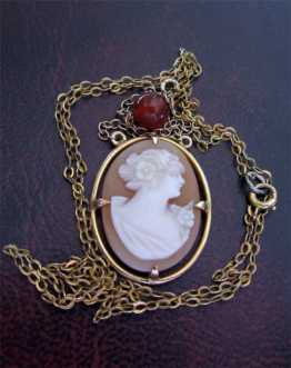 Beautiful Antique Old Victorian (Edwardian) Carved Cameo 10K Gold (marked on bale) chain with carnelian shell ball.