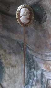 Antique Victorian detailed carved shell Psyche - Goddess of Soul 10K Yellow Gold Border etched Cameo Stick Pin from UK