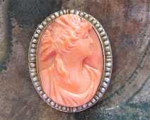 Victorian, high relief carved Red Coral with seed Pearls Circa 1890 10K Solid Yellow Gold Cameo Pendant.
