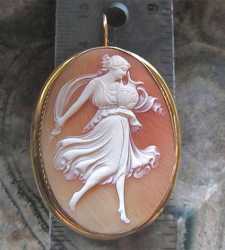 Carved Victorian/Edwardian shell Museum quality Goddess Hebe Big unmarked (tested) 10K Yellow Gold Pendant. Circa 1905