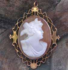 Artemis - Moon Goddess profile -well hand carved shell circa 1890 Marked pin filigree 10K Yellow Gold Brooch/Pendant