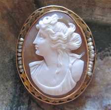 Diana - Moon Goddess, Museum Quality carved shell circa 1890 Unmarked /tested filigree 14K Yellow Gold Brooch/Pendant. Signed