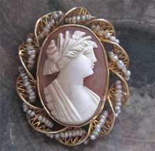 Ceres- Fertility Goddess, Quality petite carved shell circa 1890-1910 Marked filigree 10K Yellow Gold Brooch/Pendant with seed pearls