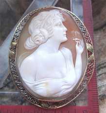 Psyche with butterfly-Museum quality shell circa 1910-1920 Huge marked 14K filigree Yellow Gold Brooch/Pendant.