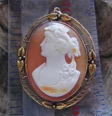 Flora - Flower Goddess Classic, Quality carved shell circa 1890 Big marked filigree 10K Yellow Gold Brooch/Pendant.