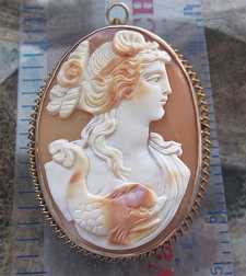 Museum Quality carved Victorian 3 colors shell, water nymph-Nyada Huge Marked 10K Gold brooch/pendant circa 1880-1905.