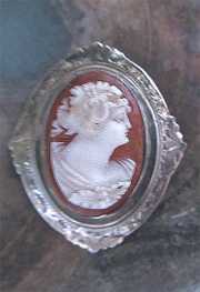 Post-Edwardian Art Deco detailed carving petite carnelian shell Marked 10K White Gold decorated Brooch circa 1925