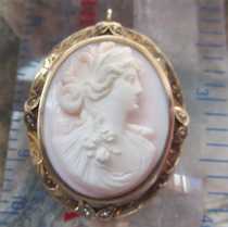 Edwardian high relief carved Coral stone depict Ceres Goddess Marked 10K Yellow Gold etched brooch/pendant with pearls