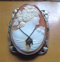 Great carving shell with diamond necklace carved circa 1925 The big filigree marked 14K White Gold Brooch/Pendant.