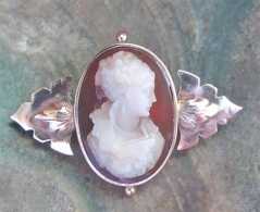 Intricately carved Red Agate stone image, from 1870-1890 Unmarked/tested 10K Yellow Gold Victorian brooch
