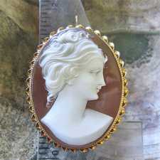 Great carving Sardonyx shell - portrait of young Beauty Marked 14K Yellow Gold Brooch/Pendant clasp.