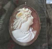 Victorian, circa 1890 shell - well hand carved Goddess Diana profile Hallmarked 10K Yellow Gold Brooch/Pendant.