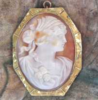 Ceres - Roman goddess of Motherhood -Masterly carved big Carnelian shell Octagonal 10K marked Yellow Gold etched brooch/pendant circa 1910
