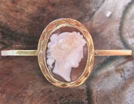 Well carved Victorian shell - Bacchante head Circa 1880 Marked WJP 375 9K Yellow Gold Tie Brooch/Pendant