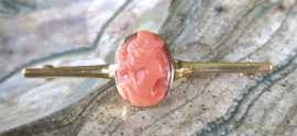 Well carved Edwardian Salmon Coral- Goddess Psyche Marked 10K/14K Yellow Gold Tie Brooch Circa 1910-1920