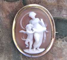 Victorian carved shell - image of Venus & Cupped. Signed Tested by acid 14K Yellow Gold brooch circa 1880.