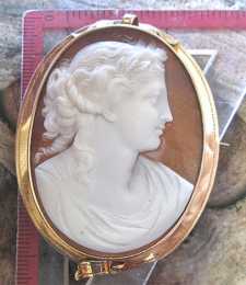 Circa 1875 Museum Quality Victorian Antique signed shell Huge unmarked tested 14K Yellow Gold etched Brooch