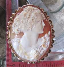 Circa 1925 Museum Quality big carved shell portrait of girl Hallmarked 14K Gold filigree Brooch/Pendant.