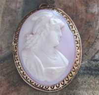 Antique Brungilda image - well carved Coral Stone. Signed by the Artist Filigree 10K Yellow Gold Victorian Brooch/Pendant circa 1895-1910